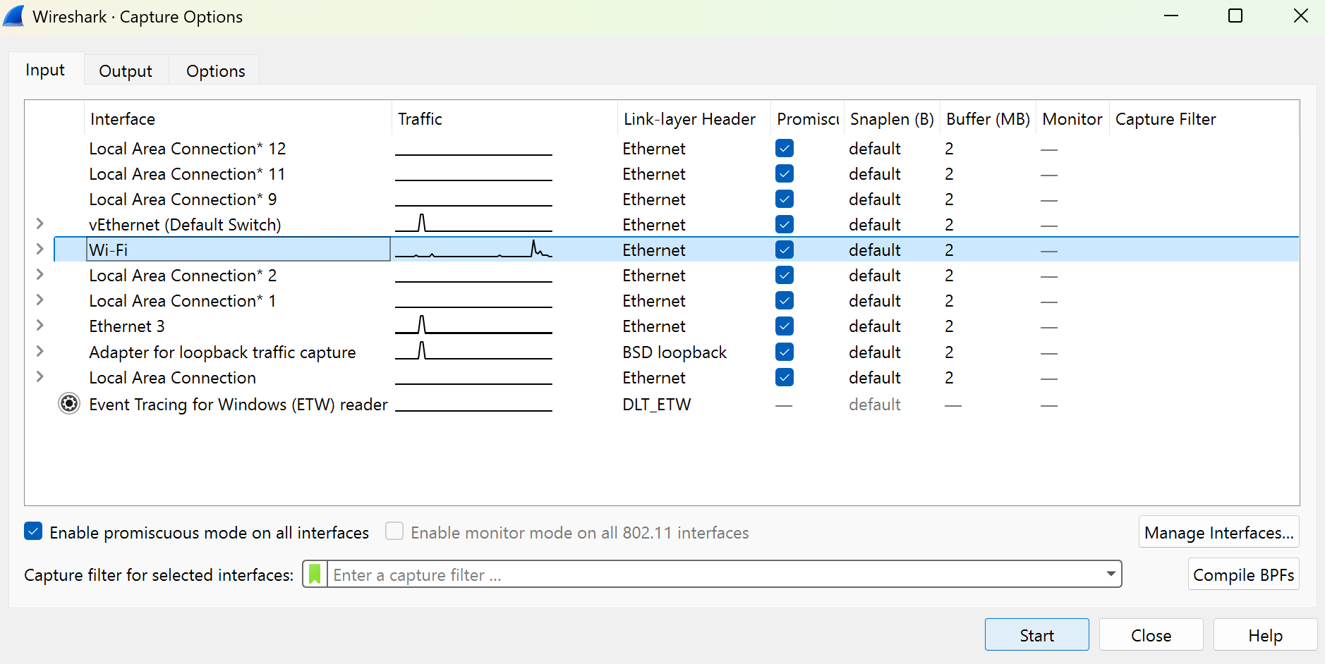 Wireshark Capture options dialog